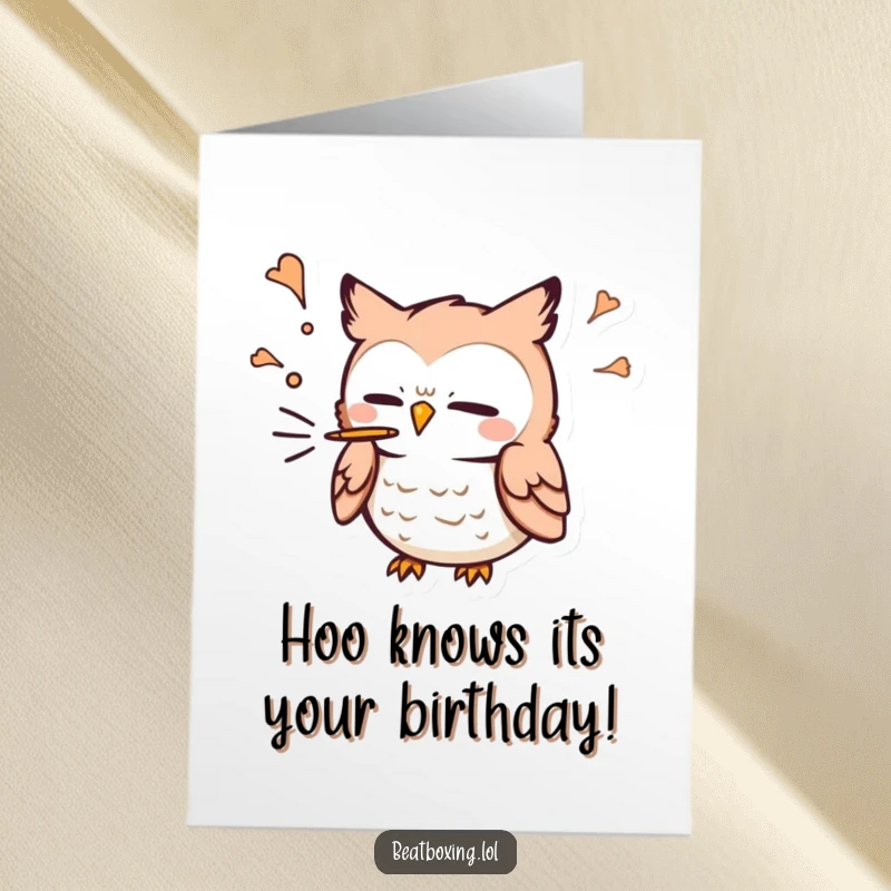 Funny Free Printable Owl Card: A cute owl character blowing air for a 'P' sound, perfect for birthdays.