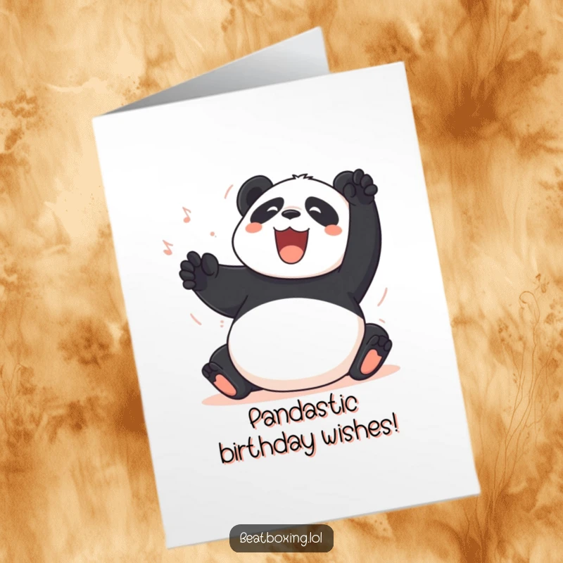 Funny Free Printable Birthday Card: Jubilant panda enthusiastically slapping its large belly with joy, making a birthday wish.