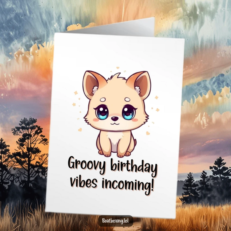 Free Printable Birthday Card, a tiny animal with bright eyes, its happy energy visualized as musical beats emanating outwards, fun design.