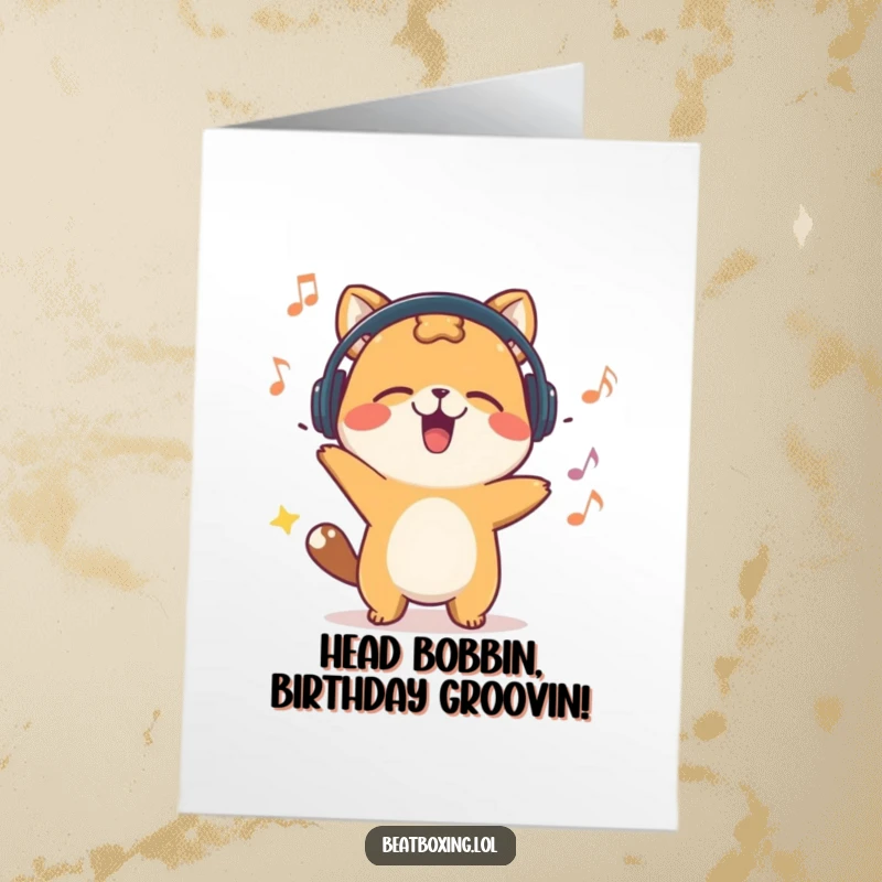 Funny Free Printable Birthday Card: Happy animal character energetically bobbing its head to an infectious, unheard rhythm.