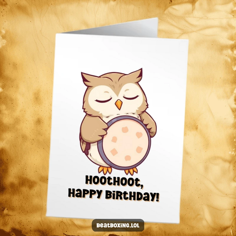Funny free printable birthday card of a sleepy owl using its belly like a kick drum.
