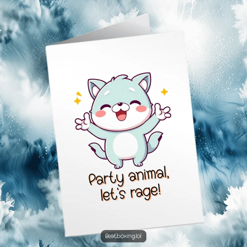 Funny Free Printable Birthday Card, a kawaii animal striking a dynamic pose with excited hand gestures, ready to party.