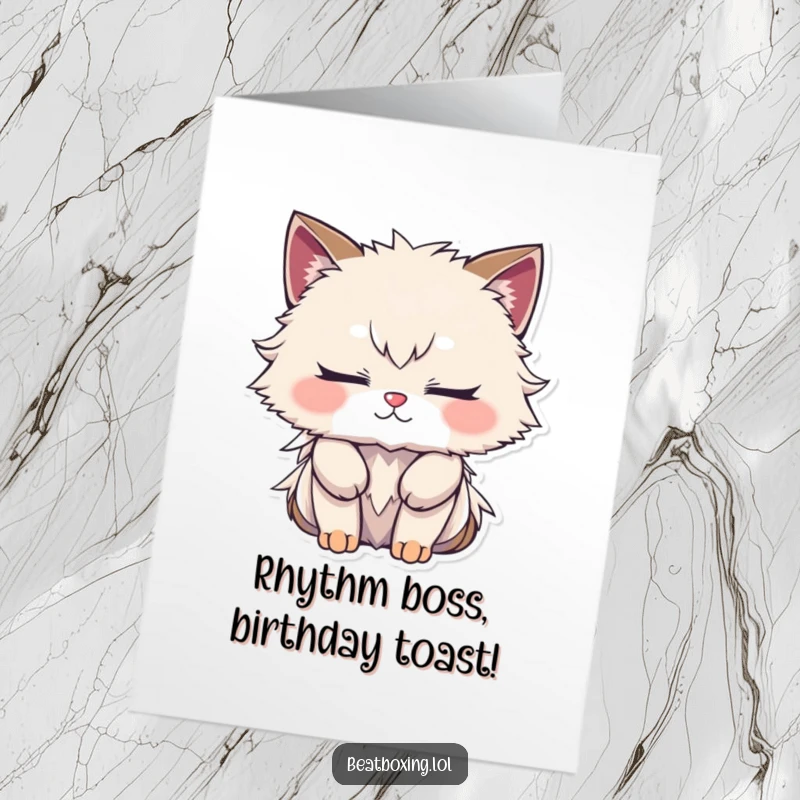 Funny Free Printable Birthday Card: Furry character with closed eyes, intensely focused on crafting a complex, rhythmic masterpiece.