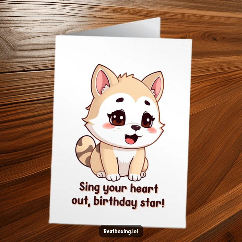 Free Printable Birthday Card, an adorable animal with eyes closed in concentration, mouth open wide vocalizing a birthday tune, musical fun.