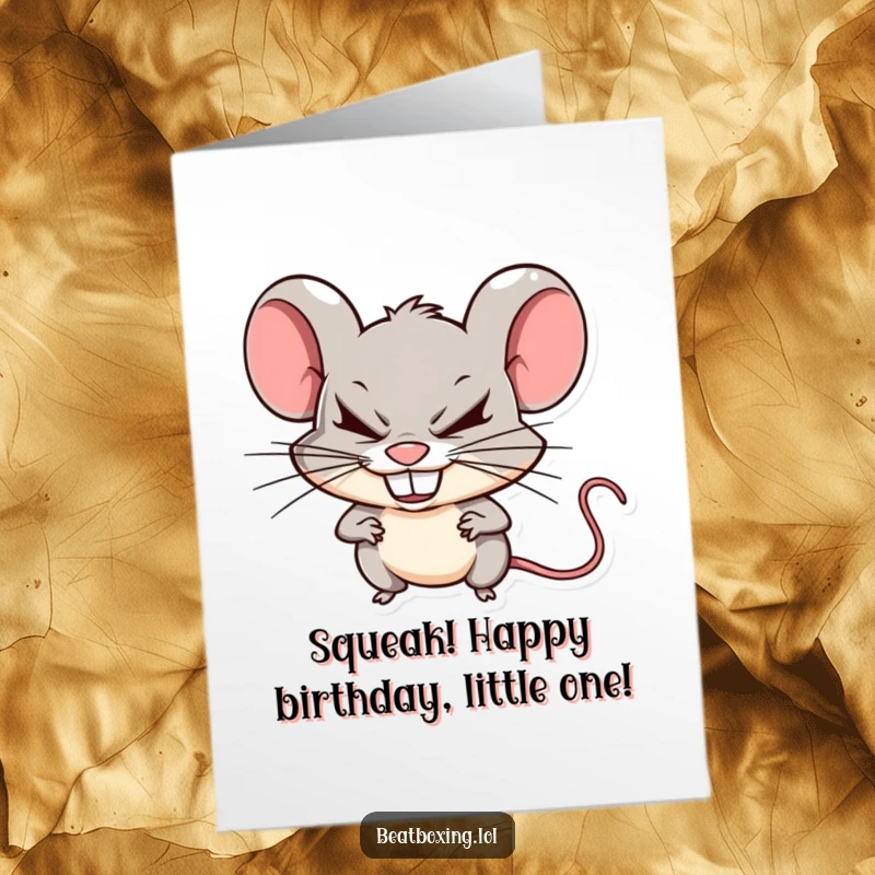Funny Free Printable Mouse Birthday Card: Mischievous mouse rapidly clicking teeth, creating sharp, fun beats.