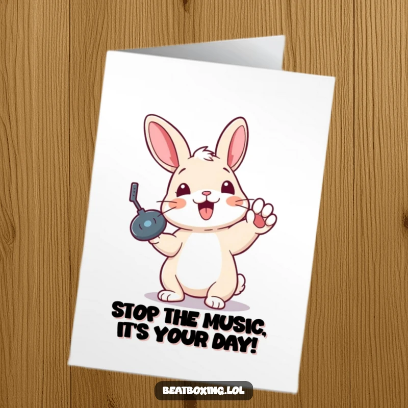 Funny Free Printable Birthday Card: A delighted rabbit throws a record scratch paw gesture, ready to spin some tunes.