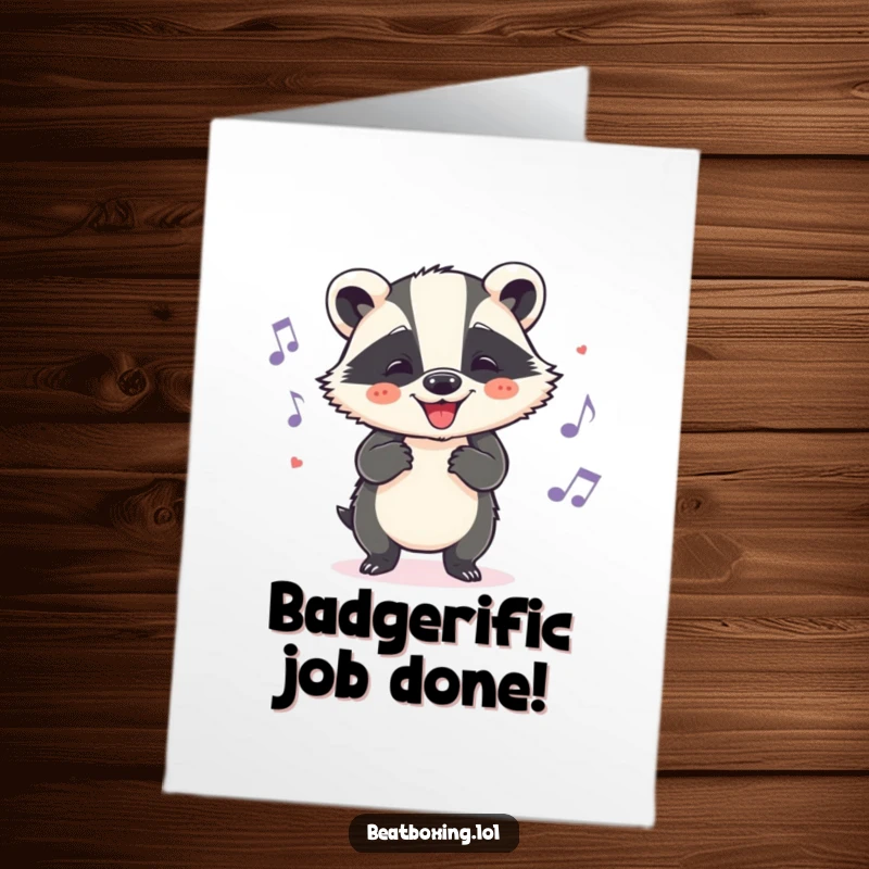 Funny free printable congratulations card showing a happy badger grooving and nodding its head to music.