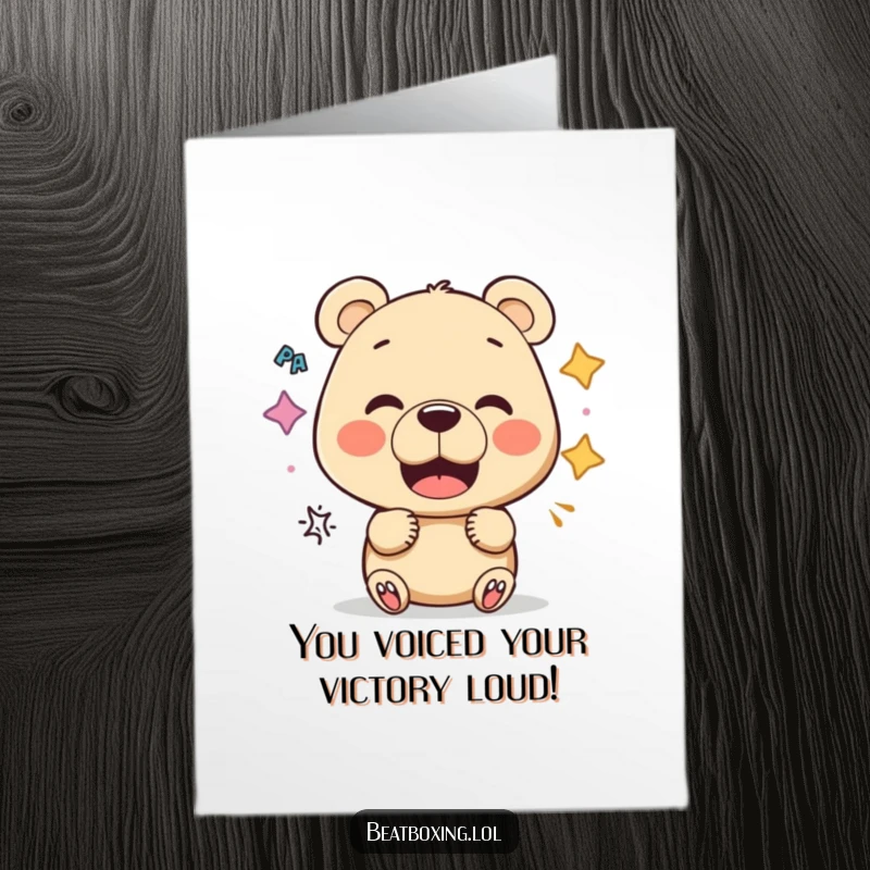 Funny Free Printable Congratulations Card: Curious bear experimenting with mouth shapes for funny sounds, celebrating with humor.