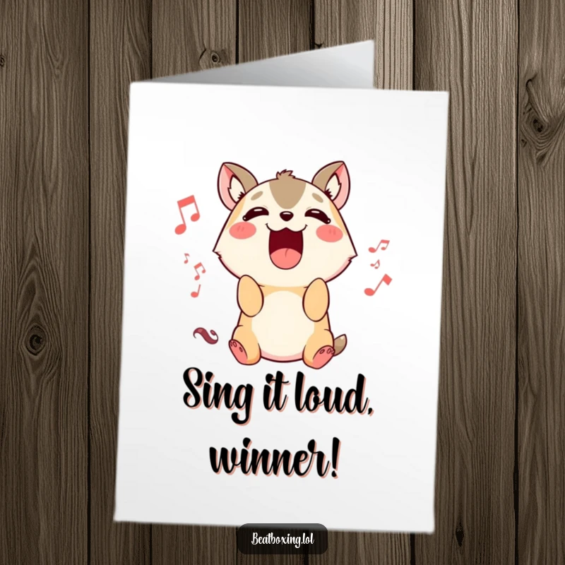 Funny Free Printable Congratulations Card: Cute animal character singing with excitement, celebrating a victory with rhythmic sounds.