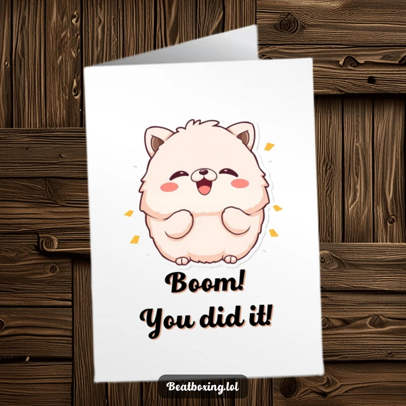 Funny Free Printable Congratulations Card: Fluffy animal puffing cheeks to make a loud BOOM sound to celebrate success.