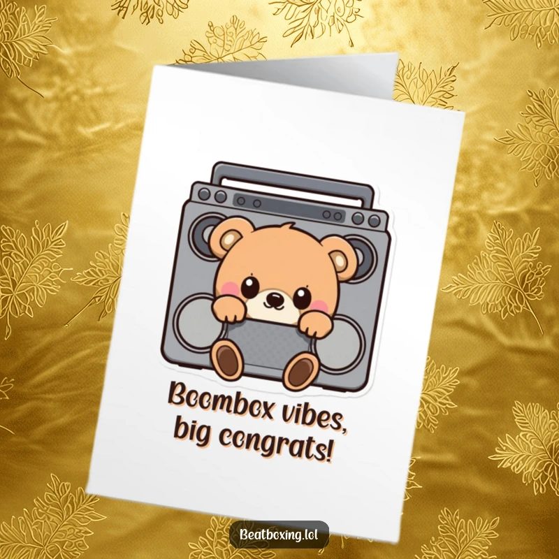 Funny Free Printable Congratulations Card: A curious bear peeks from behind a boombox, celebrating your awesome success.