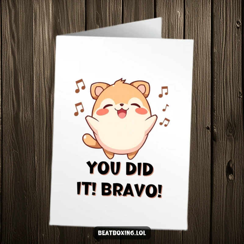 Funny Free Printable Congratulations Card of a round, happy animal character singing along to a beat, celebrating success.