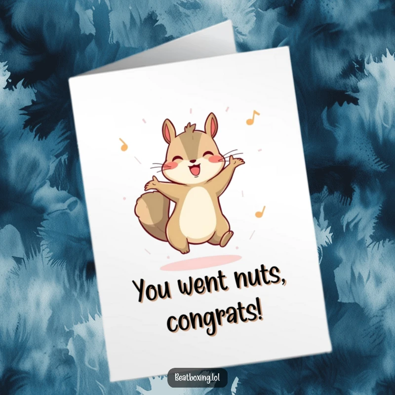 Funny Free Printable Congratulations Card: A happy squirrel bounces with excitement, celebrating a successful accomplishment.