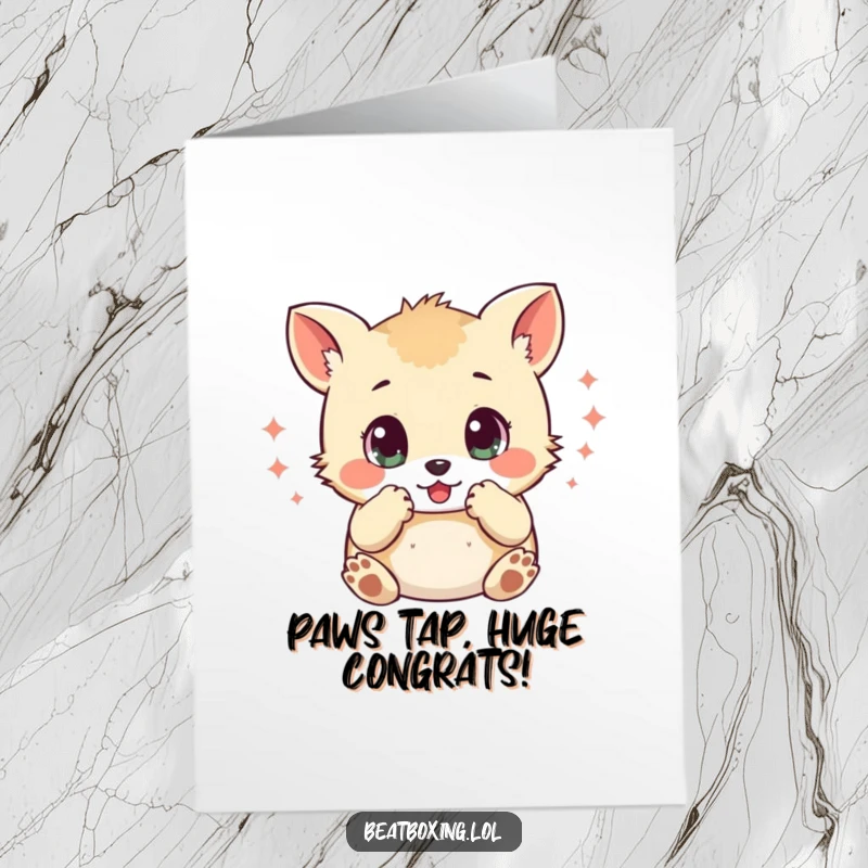 Funny Free Printable Congratulations Card: Wide-eyed animal character tapping paws to create percussive sounds for celebration.