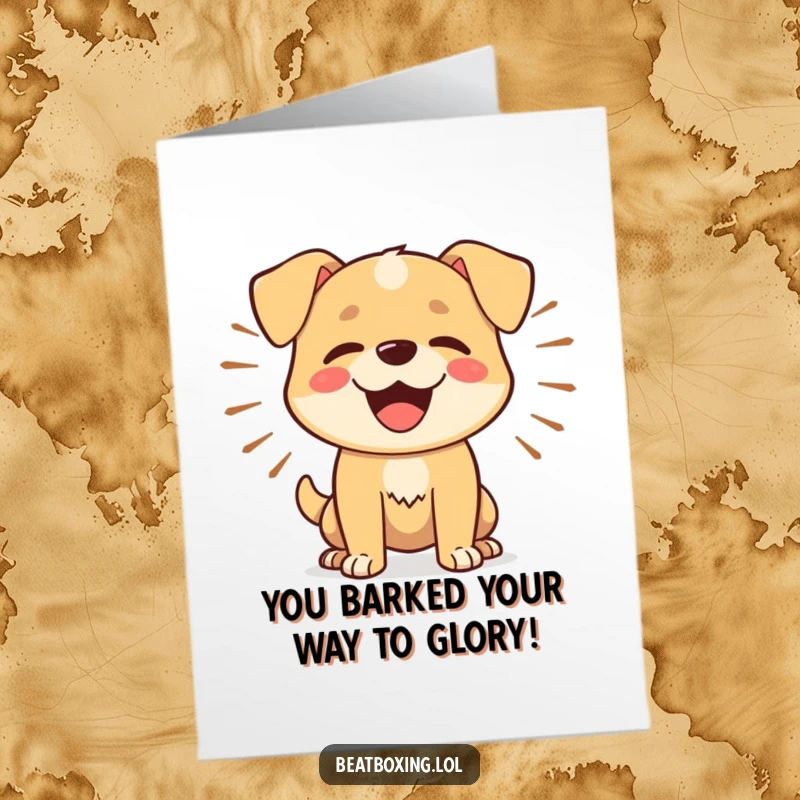 Funny Free Printable Congratulations Card: Happy dog barking rhythmically with sound waves, celebrating success with enthusiasm.