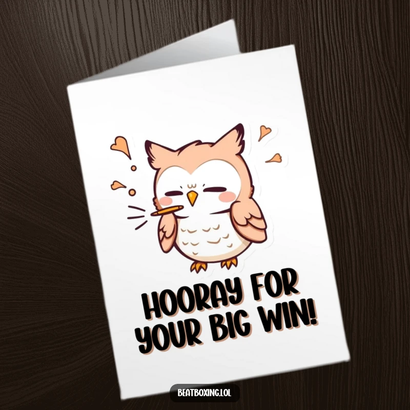 Funny Free Printable Owl Congratulations Card: An owl character energetically making a 'P' sound, great for congrats.