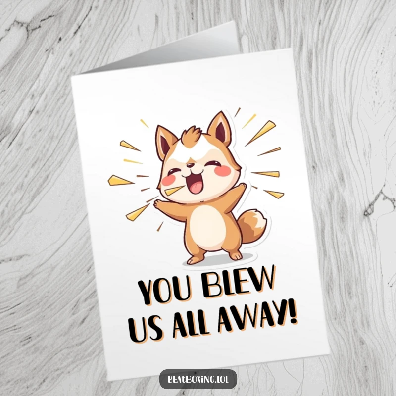 Funny Free Printable Congratulations Card with an animal blowing air rhythmically, celebrating achievements with a dynamic exhale.