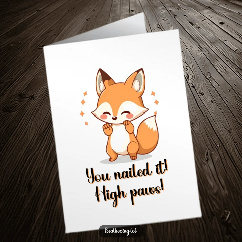 Funny Free Printable Congratulations Card: Energetic fox character tapping paws rhythmically, celebrating success with visual sound waves.