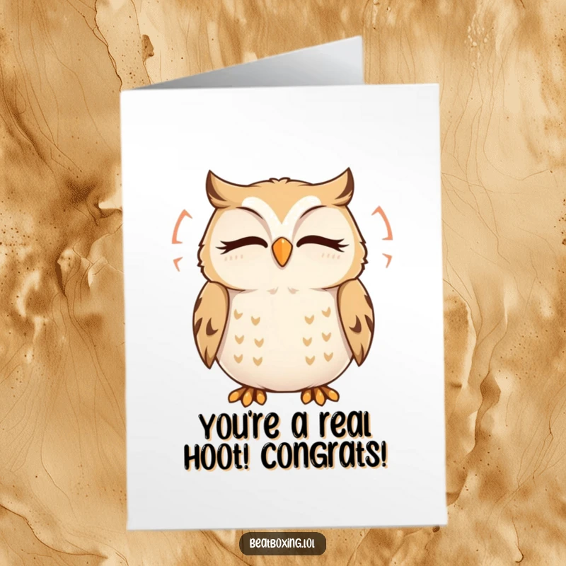 Funny Free Printable Congratulations Card: A delighted owl with closed eyes, humming joyfully with visible sound ripples, celebrating success.