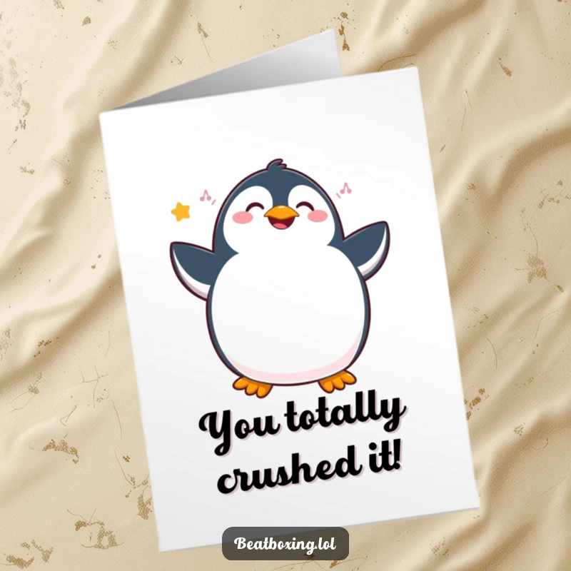 Funny free printable congratulations card showing a penguin enthusiastically dancing and wiggling its hips with joy.