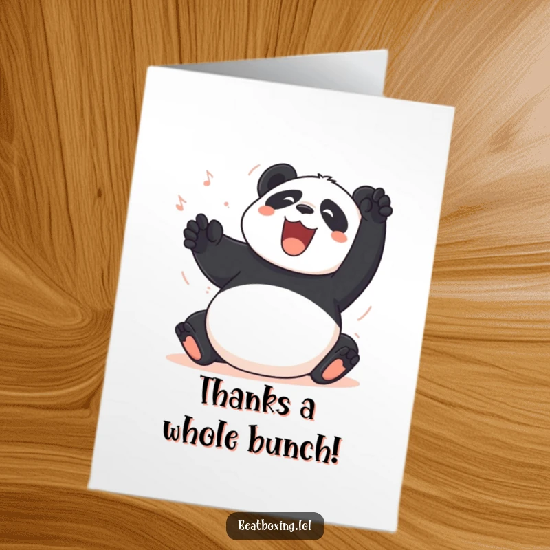Funny Free Printable Thank You Card: Amused panda enthusiastically beating its belly like a drum in gratitude.
