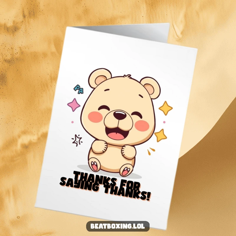 Funny Free Printable Thank You Card: Curious bear experimenting with mouth shapes for funny sounds, a humorous and unique way to say thanks.