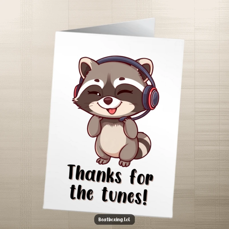 Funny Free Printable Thank You Card: A winking raccoon adjusting its headset with a grin, offering thanks with a cool, rhythmic vibe.