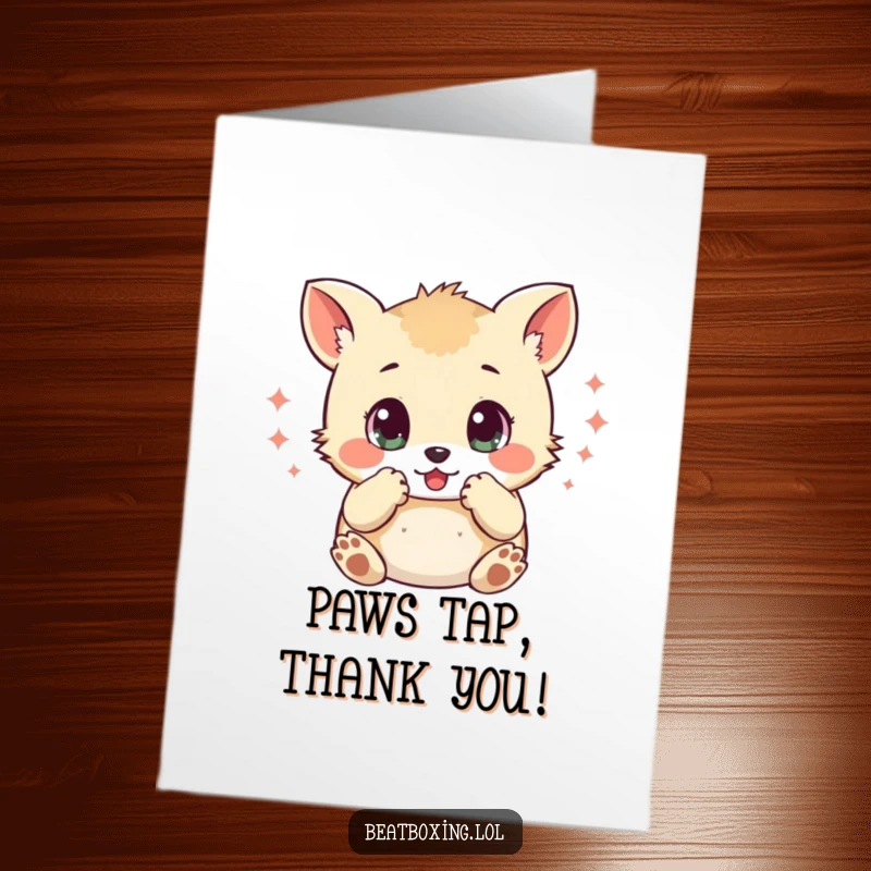Funny Free Printable Thank You Card: Small animal with wide eyes, mimicking percussive sounds with its paws to say thanks.