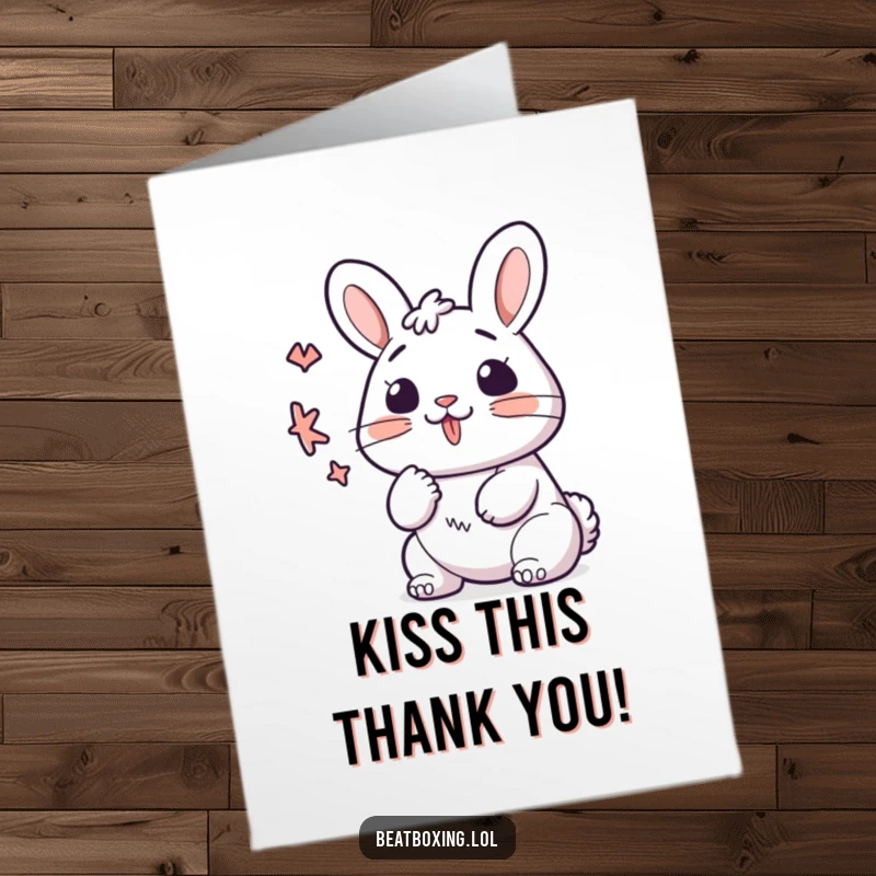 Funny Free Printable Thank You Card: Kawaii bunny character making a K sound with quick, rhythmic lips, conveying thanks.