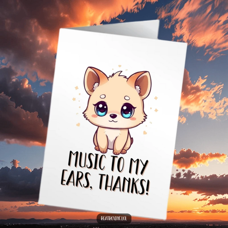 Funny Free Printable Thank You Card, a tiny animal with bright eyes, visual beats emanating, expressing heartfelt appreciation and thanks.