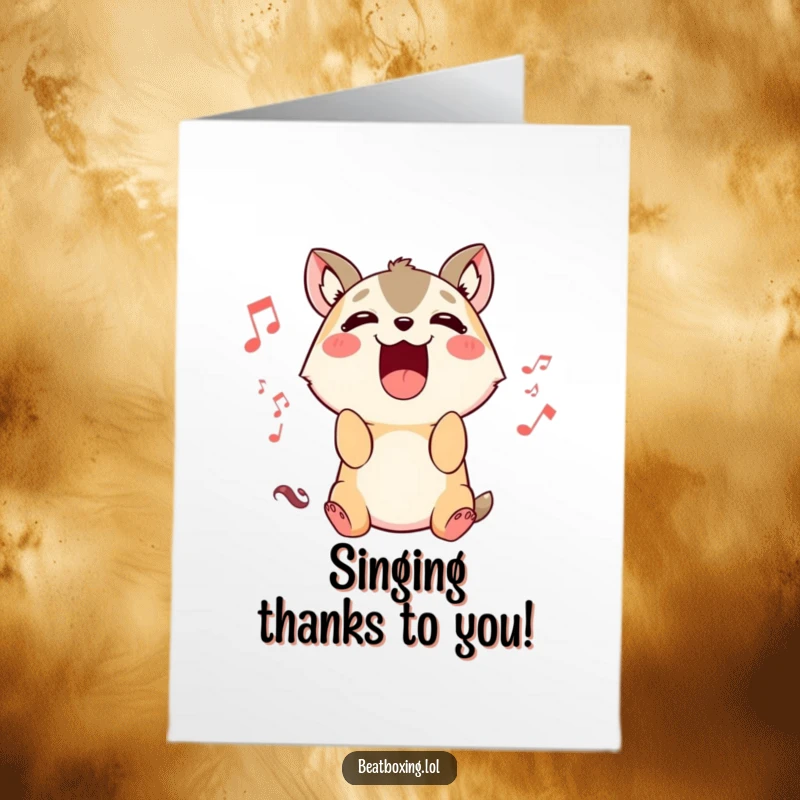 Funny Free Printable Thank You Card: Cute animal character singing a thank you melody, mouth open in happy expression.