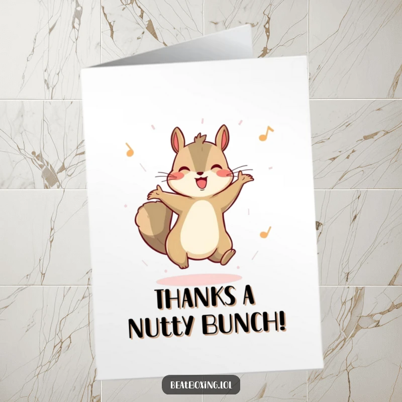 Funny Free Printable Thank You Card: A happy squirrel bounces rhythmically, conveying heartfelt thanks with joyful energy.