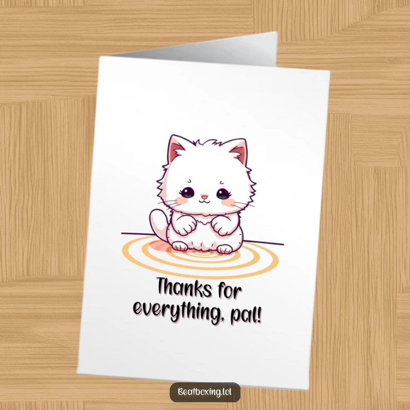 Funny Free Printable Thank You Card: Fluffy cat creating rhythmic paw patterns, a fun and musical way to express thanks.