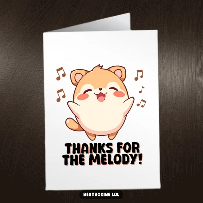 Funny Free Printable Thank You Card with a round, smiling animal character singing a birthday beat, a unique way to say thanks.