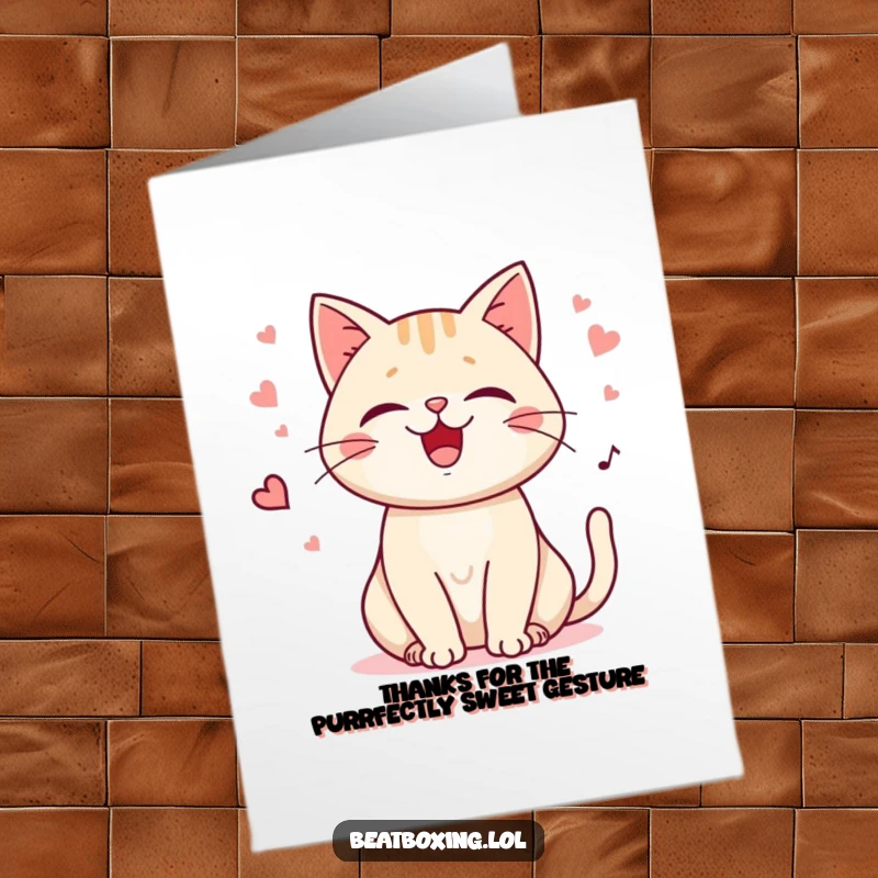 Funny Free Printable Cat Thank You Card: A happy cat purring and meowing, sending warm thanks. Downloadable art for kindness.