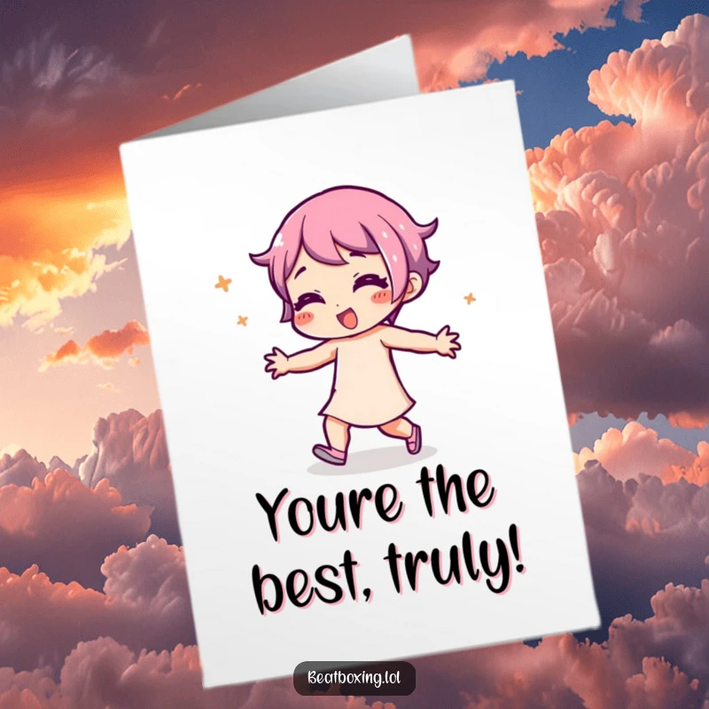 Funny free printable thank you card with a character in a playful expression, body engaged in energetic rhythmic movement.