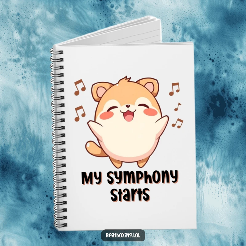 Funny notebook with a round, smiling animal character beatboxing, ideal for writing musical ideas.