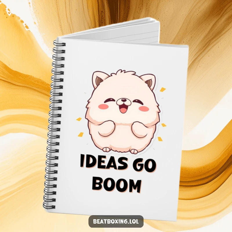 Funny notebook with a fluffy animal character puffing cheeks and making a 'boom' sound, ideal for note-taking and creative writing.