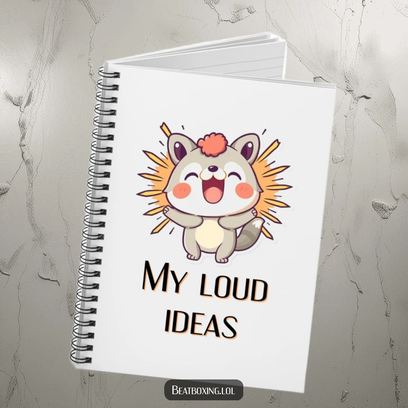 Funny notebook featuring a playful animal character visually creating a 'BOOM' sound, perfect for capturing ideas.