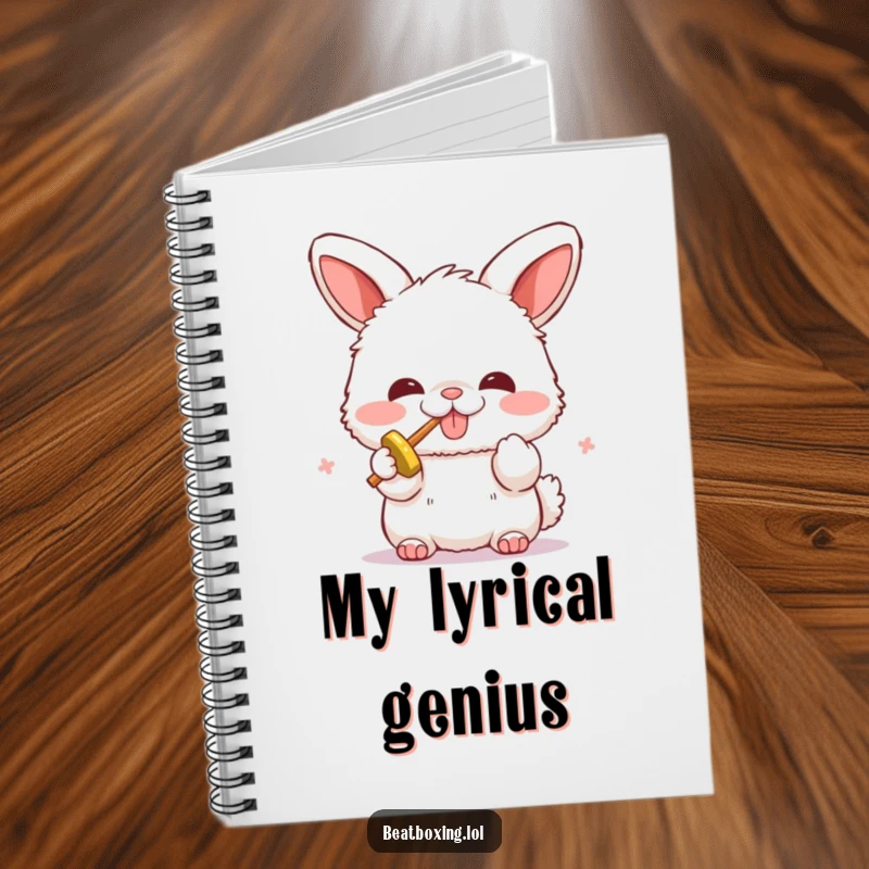 Funny notebook with a fluffy bunny character enthusiastically beatboxing. Perfect for notes, lyrics, and as a funny gift.