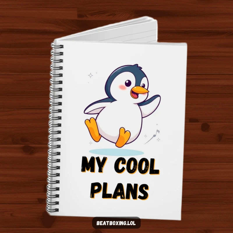 Funny Cool Penguin Notebook showing a stylish penguin sliding and spinning with flair, perfect for journaling, notes, and creative stylish ideas.