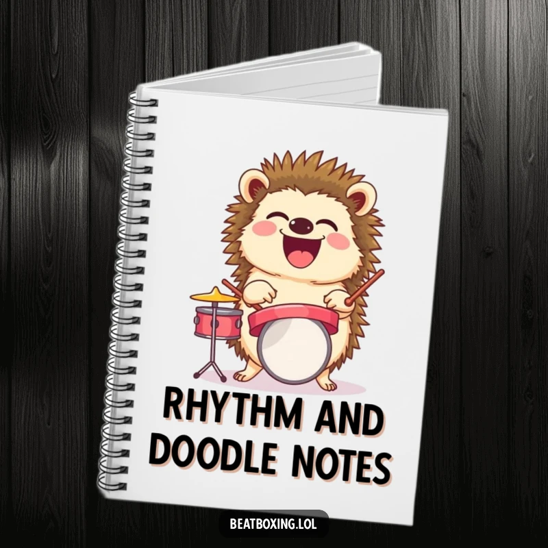 Funny notebook cover with a laughing hedgehog balancing a tiny drum set, ideal for jotting down musical ideas.