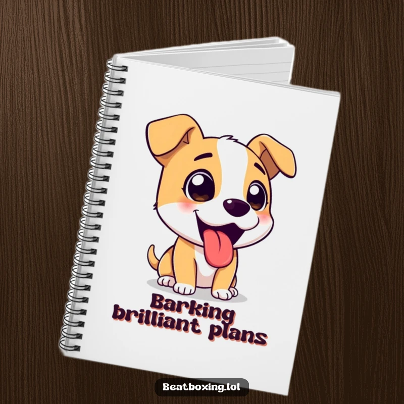Funny notebook cover: An excited dog character barking loudly with its tongue hanging out.