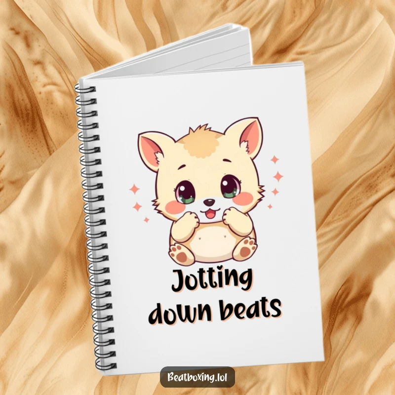 Funny notebook with a small animal character, wide eyes, mimicking percussive sounds with its paws, perfect for writing music or notes.