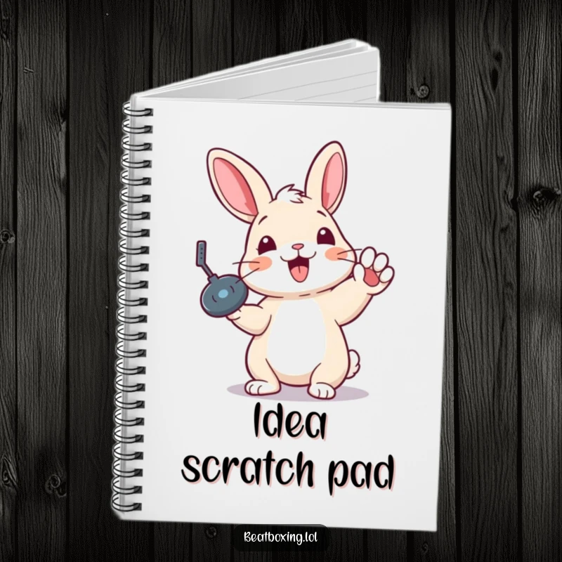 Funny notebook with a delighted rabbit doing a record scratch, perfect for jotting down musical ideas and notes.