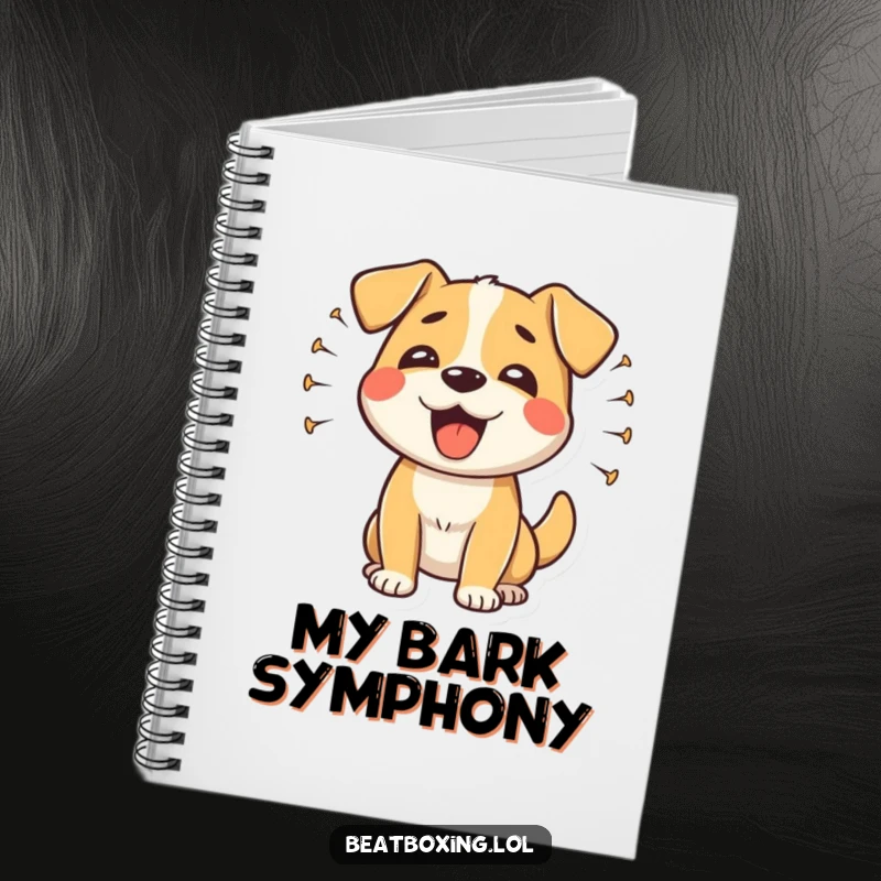 Funny happy dog notebook with sound waves emanating from a dog's rhythmic barks, a gift for creative minds.