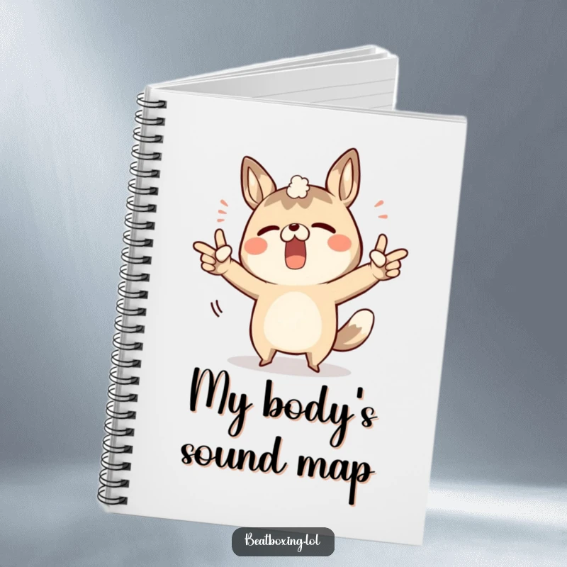 Funny notebook featuring a determined animal character pointing to its body to create sound effects.