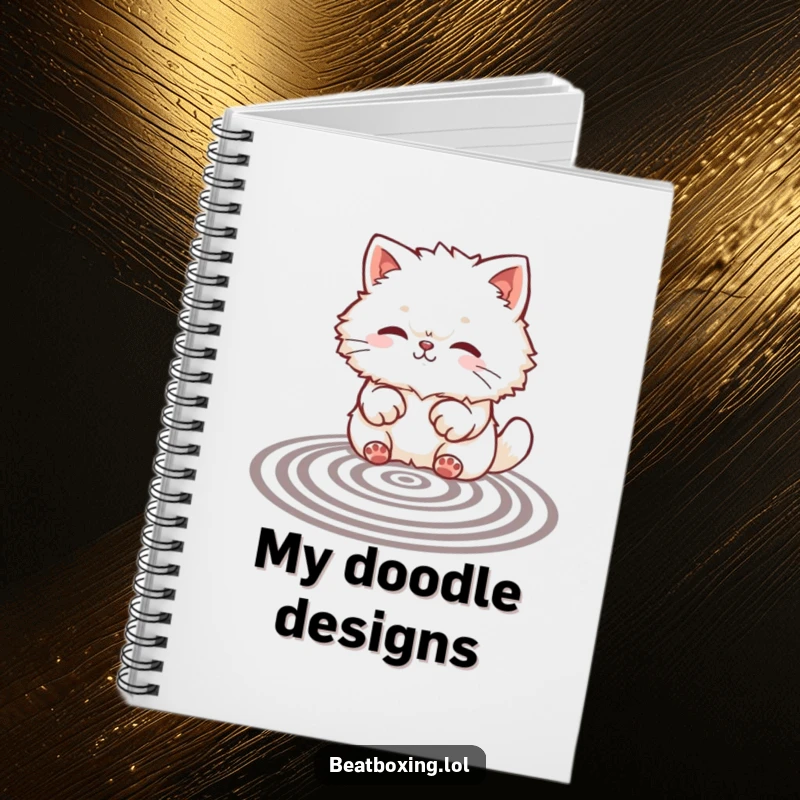 Funny notebook cover with a fluffy cat creating rhythmic patterns with its paws, symbolizing cute and funny artistic expression.