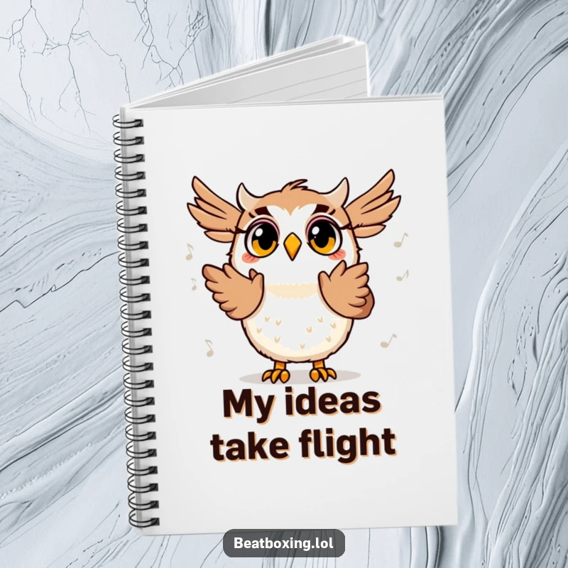 Funny notebook with a surprised owl character clapping its wings to a beat, ideal for capturing musical ideas and notes.