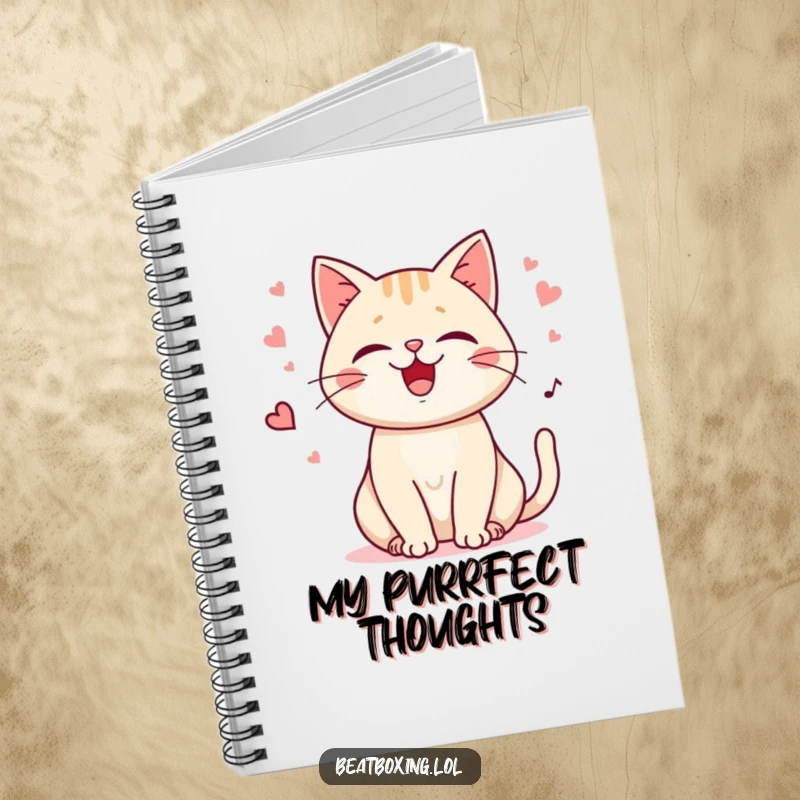 Funny Purring Cat Notebook showing a happy cat purring with playful meows, perfect for journaling, notes, and calm creativity.